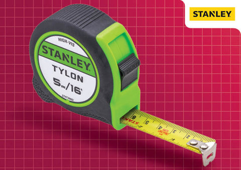 Stanley Hi-Vis 5m Tylon tape measure with Tru-zero hook and impact-resistant ABS case.