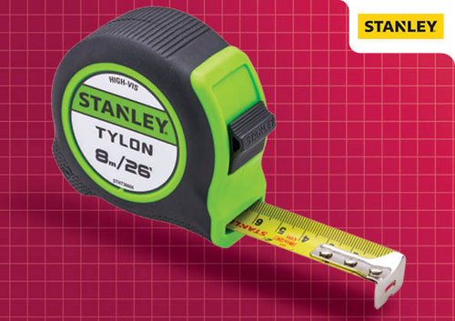 Stanley Hi-Vis 8m Tylon tape measure with Tru-zero hook and durable ABS case for accurate measuring.