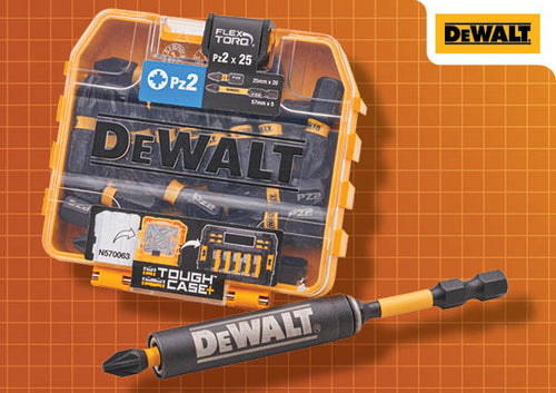 DeWALT XMS25TICTAC PZ2 Impact Bit Set with magnetic bit holder and FLEXTORQ torsion design for durable, secure fastening.