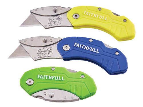 Faithfull hi-vis folding utility knife with nylon handle, blade lock and quick-change blade design for safe, durable cutting tasks.