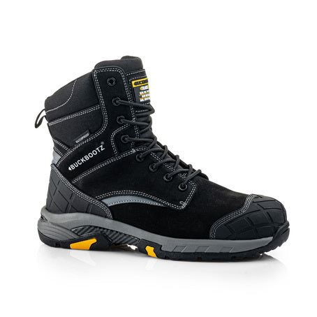 Buckbootz BLASTZBK black high-leg safety boots with lace/zip closure, composite toe and anti-scuff protection for heavy-duty site use.