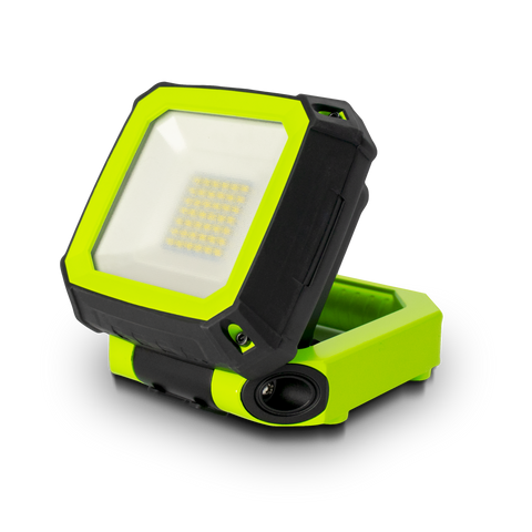 Luceco LWR7G65-01 Compact Rechargeable LED Work Light with magnetic base, hook, and dual brightness modes.