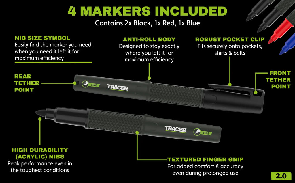 Tracer TPMFK1 2.0 Fine Tip Permanent Marker - 4pc Black, Black, Red, Blue