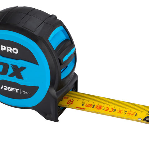 OX Pro 8m/26ft Tuff Blade tape measure with magnetic dual hook, wide nylon-coated blade and heavy-duty shock-resistant case.