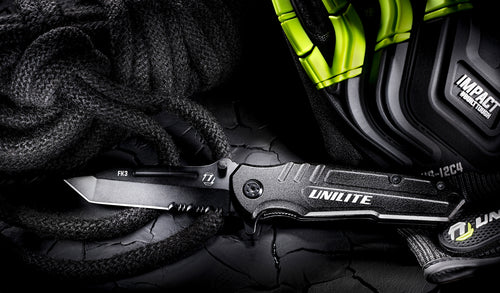 Unilite FK3 Heavy Duty Folding Utility Knife with stainless steel blade, liner lock, and aluminium handle.
