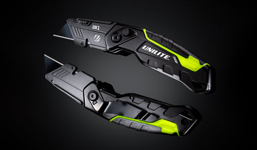 Unilite UK1 heavy-duty folding utility knife with SK5 blades, quick-change mechanism and durable nickel/ABS/TPR body.