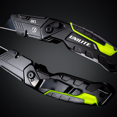 Unilite UK1 heavy-duty folding utility knife with SK5 blades, quick-change mechanism and durable nickel/ABS/TPR body.
