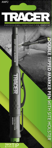 Tracer double-tipped marker pen with reversible nib and site holster for thick and thin marking on pipes, plastics and construction materials.