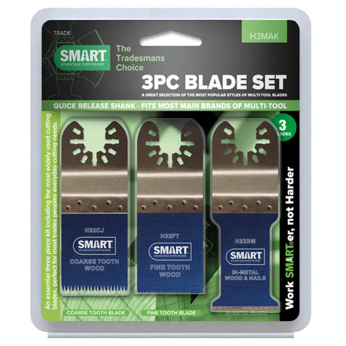 Smart H3MAK Universal 3 Piece Multi-Tool Blade Set for wood, metal, and plastic cutting with fine, Japanese, and bi-metal blades.
