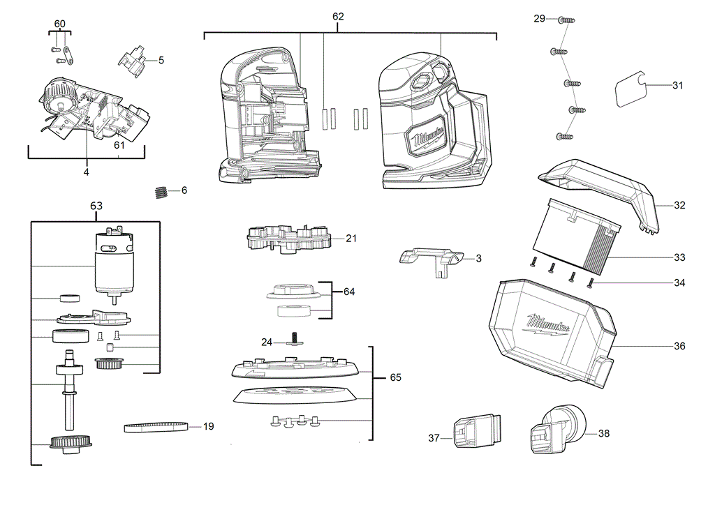 Milwaukee M18BOS125 125mm orbital sander spare parts