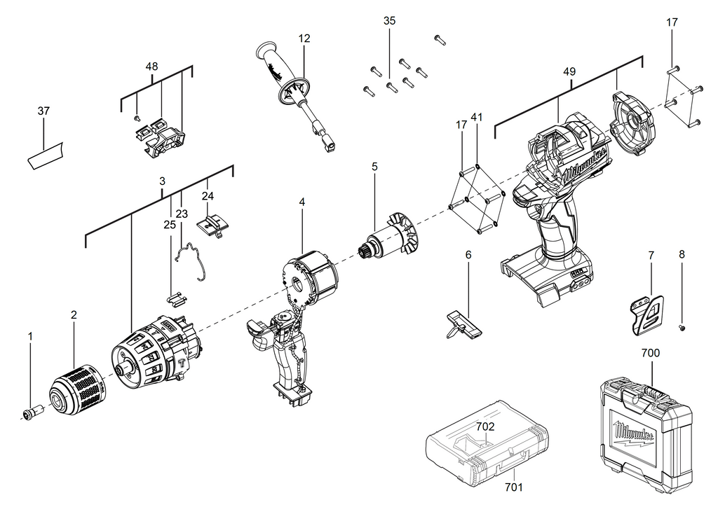 Milwaukee M18FPD fuel percussion drill spare parts