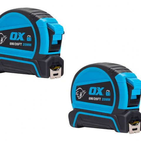 OX Pro dual auto-lock 8m/26ft tape measure twinpack with metric and imperial scales for accurate, easy measuring.