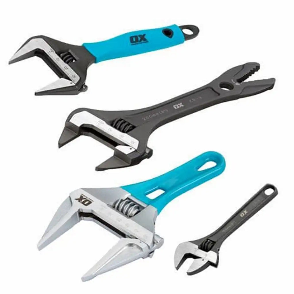 OX-P552604 OX Pro Adjustable Wrench 4 Pack, Including 8in Extra Wide Jaw, 8in Slim Jaw, 7in Stubby and Mini 4in Wrench- item discontinued