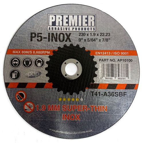Premier 230mm super-thin abrasive cutting disc for stainless steel, cast iron and metal, suitable for angle grinders.