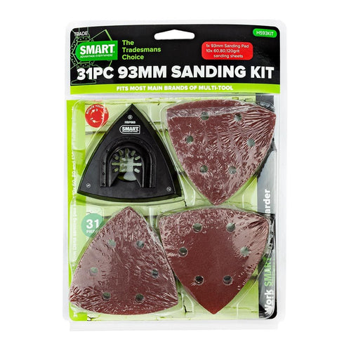 SMART 31-piece multi-tool sanding kit with 93mm delta backing pad and assorted 60, 80 and 120 grit sanding sheets.
